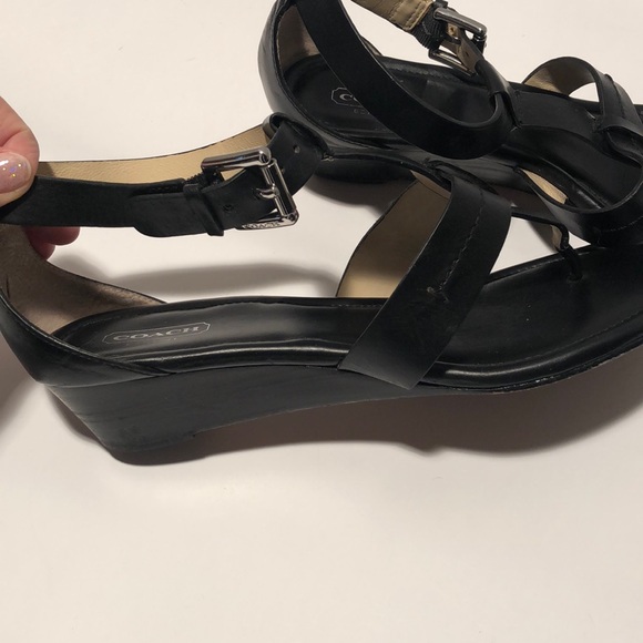COACH T Strap Velvet Wedges Sandals (all black) - Picture 9 of 10